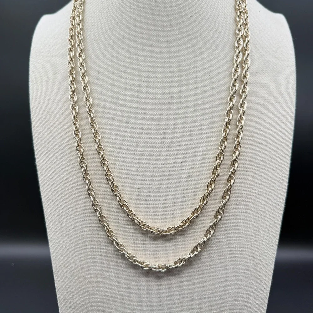 Silver Tone Long Twisted Rope Chain Necklace Layering Statement Costume Jewelry